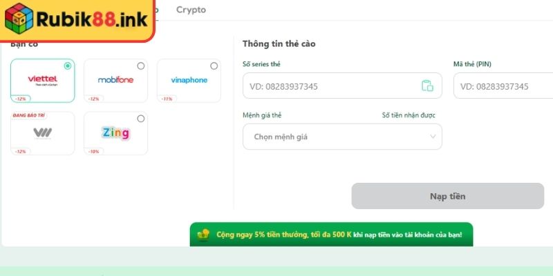 Nạp Tiền Rubik88 – Giao Dịch Nhanh Hỗ Trợ Đa Dạng Hình Thức 2 Giao dịch qua thẻ cào